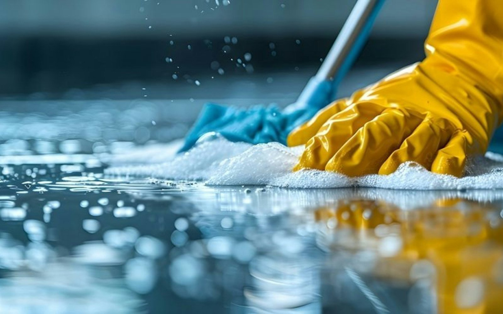 Close-up of a mop and yellow cleaning glove on a wet floor