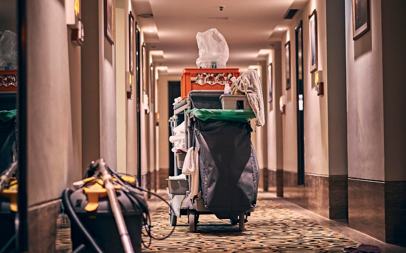 Cleaning trolley and equipment in a building corridor