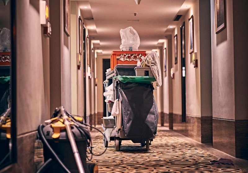 Cleaning trolley in a residential building hallway