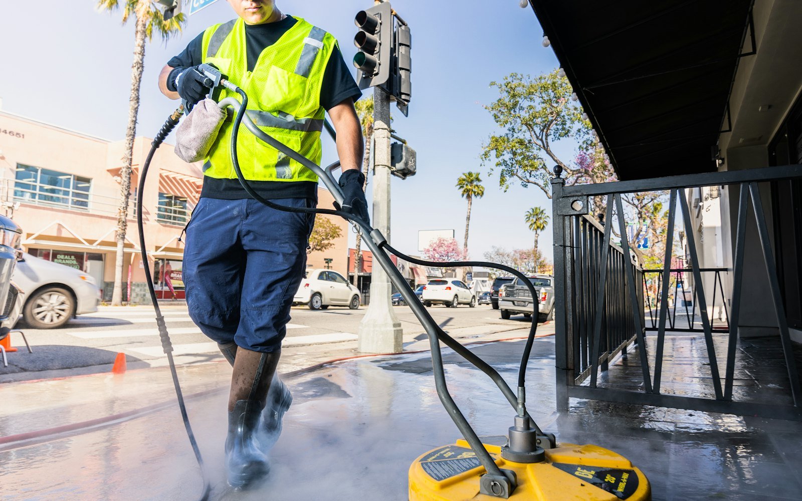 Operator using a surface cleaner to pressure wash paving