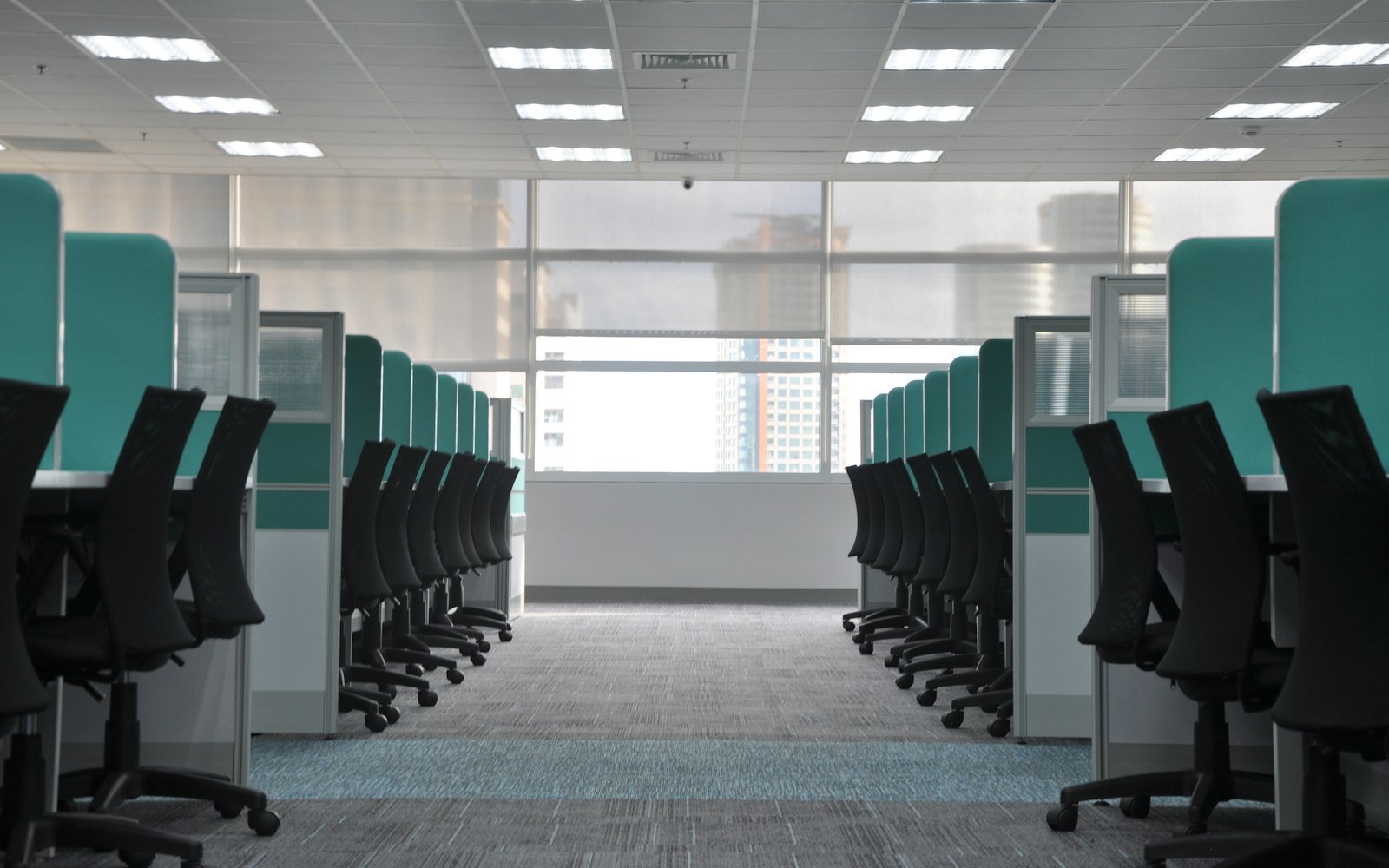Clean open-plan office with rows of tidy desks