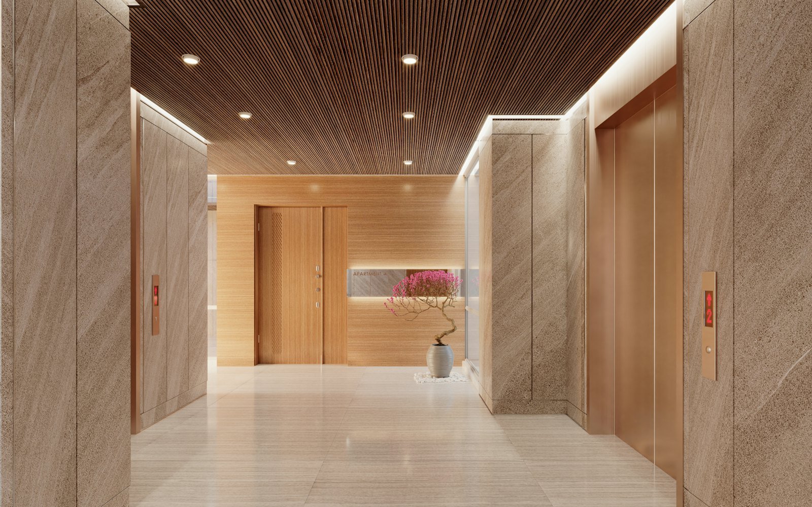 Clean apartment building lobby and lift corridor